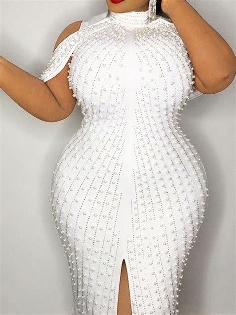 White Pearl Bodycon Front Slit Plus Size Prom Evening Party Maxi Dress