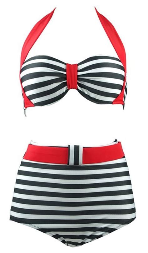 Cocoship Retro 50s Black Stripe Polka Dot Vintage High Waisted Bikini
