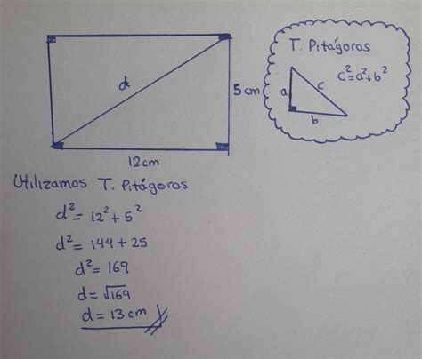 calcula la diagonal de un rectangulo cuyos lados miden 5cm y 12cm com