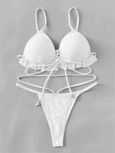 Shop Ruffle Hem Lace Up Bikini Set Online Shein Offers Ruffle Hem Lace
