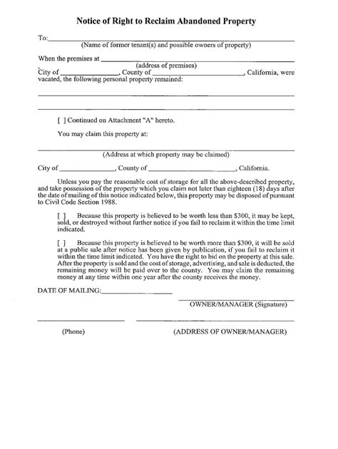Notice Of Right To Reclaim Abandoned Property California Fill Out