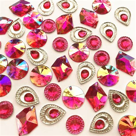 Mix Drop Round Stones And Crystals Fuchsia Pink Ab Sew On Resin