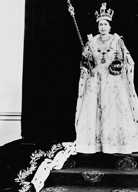 The coronation wardrobe of queen elizabeth ii. H.M. Queen Elizabeth II wearing her Coronation robes and r ...