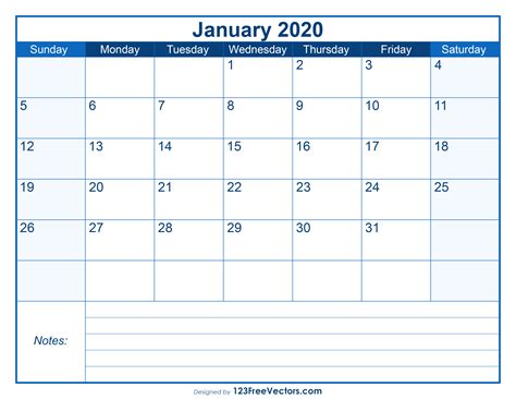 Free Blank Printable January Calendar 2020