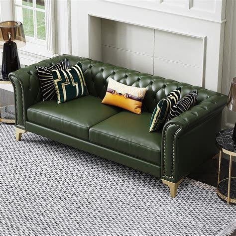 92 Green Tufted Chesterfield Sofa Microfiber Leather Upholstered 3