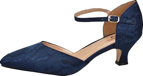 Chic Feet Womens Navy Blue Satin And Lace Closed Toe Buckle Wedding