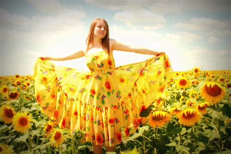 Girl In Sunflower Dress And Sunflower Field Image Free Stock Photo