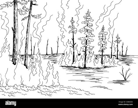 Wildfire Graphic Black White Forest Fire Landscape Sketch Illustration