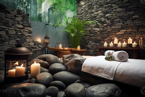 Natural Spa With Massage Stones Towels Candles And A Beautiful Backdrop