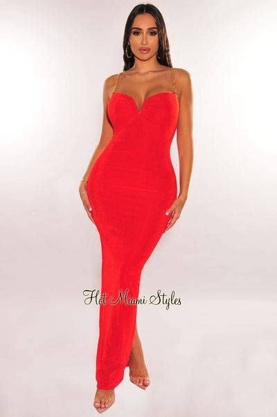 Red Shimmery Gold Chain Straps V Wired Back Slit Dress Hot Miami Styles