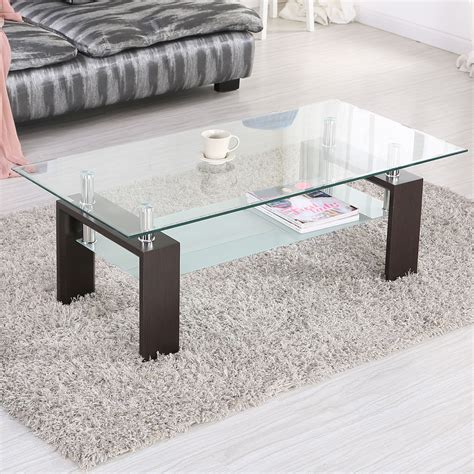 Add a touch of timeless elegance to your space in 2021. Home Rectangular Tempered Glass Coffee Table w/Shelf Wood ...