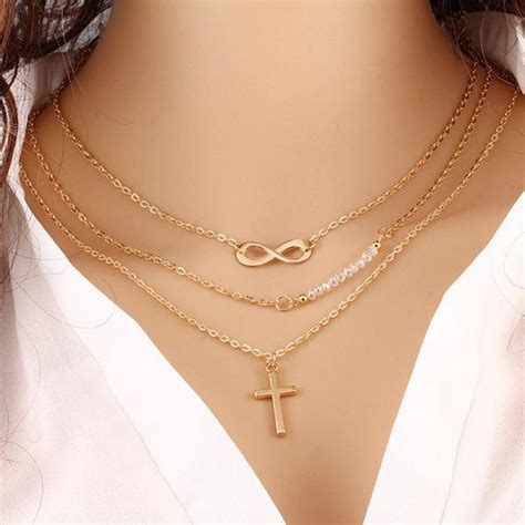 Women Simple Cross Pendant Necklace Alloy Multistrand Chains Multi Layer Infinity Necklaces Gold