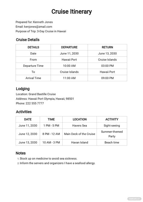 Cruise Itinerary Template [Free PDF] - Word (DOC) | Apple (MAC) Pages ...