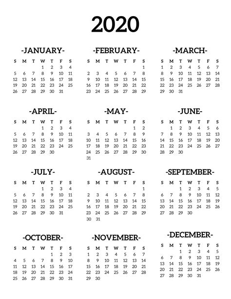 Impressive Free Year At A Glance Calendar 2020 Printable • Printable