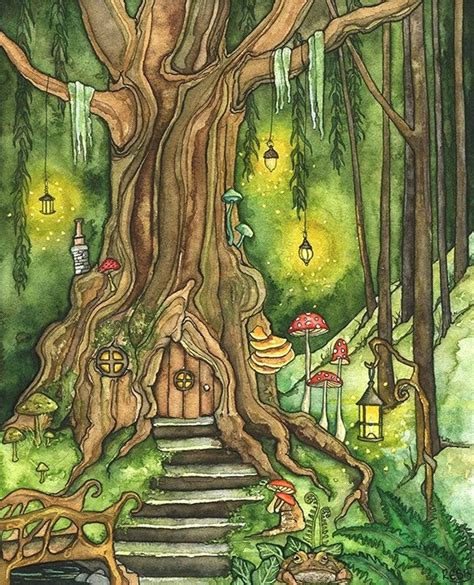 A Painting Of A Tree With Stairs Leading Up To It And Mushrooms Growing