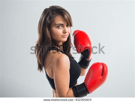 Young Girl Boxing Gloves Over Grey Stock Photo Edit Now 432305854
