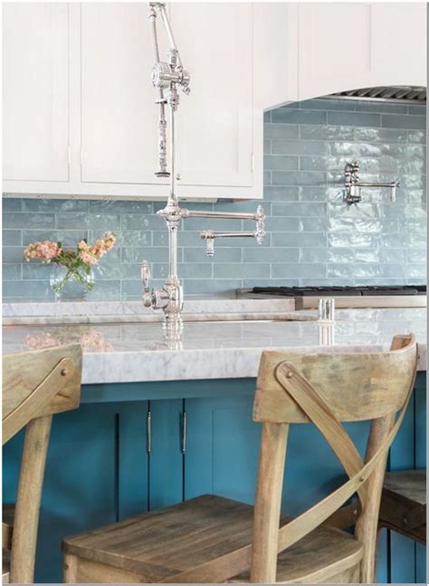 76 Coastal Kitchen Island Blue Subway Tile Backsplash Blue