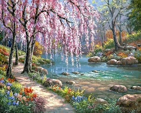 Cherry Blossom Tree Near River Landscape Paint By Number Paint By