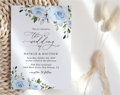 Dusty Blue Flowers Wedding Invitation Wedding Stationery