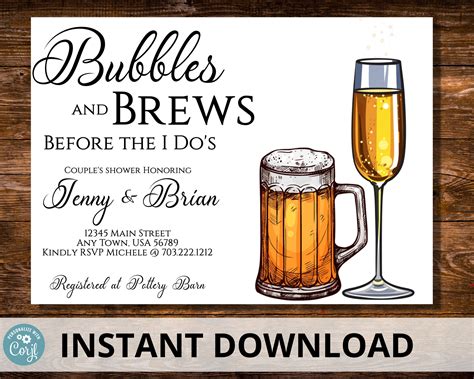 Bubbles And Brews Invitation Template Couples Shower Etsy Couple