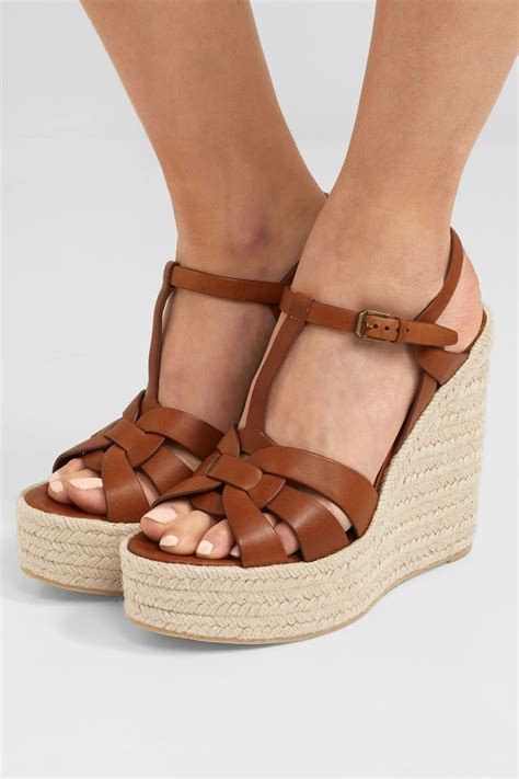 Tan Tribute Woven Leather Espadrille Wedge Sandals Saint Laurent In
