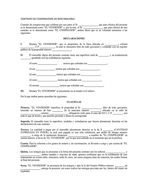 Contrato DE Compraventa DE BIEN Inmueble CONTRATO DE COMPRAVENTA DE BIEN INMUEBLE Contrato