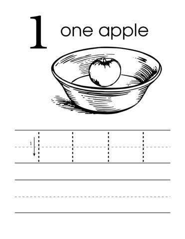 Number 1 One Handwriting Worksheet Preschool Level with an Apple in a