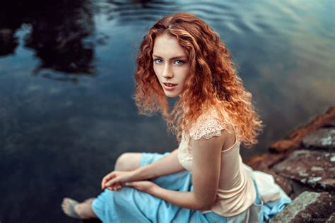 Wallpaper Redhead Women Outdoors Dress Curly Hair Blue Eyes Pale Face Water Barefoot