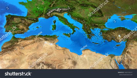 Physical Map Mediterranean Sea Detailed Flat Stock Illustration