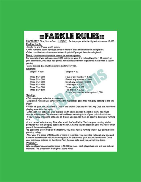 Pdf 85x11 Farkle Rules Instant Download Pdf File To Save