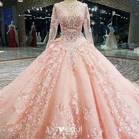 Luxury Gorgeous Pearl Pink Wedding Dresses 2018 Ball Gown Lace Flower