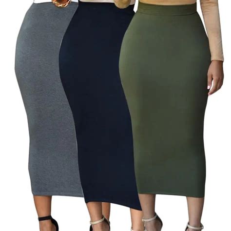 Women Spring Autumn High Waist Bodycon Skirt Solid Color Straight Pencil Midi Skirt Package Hip