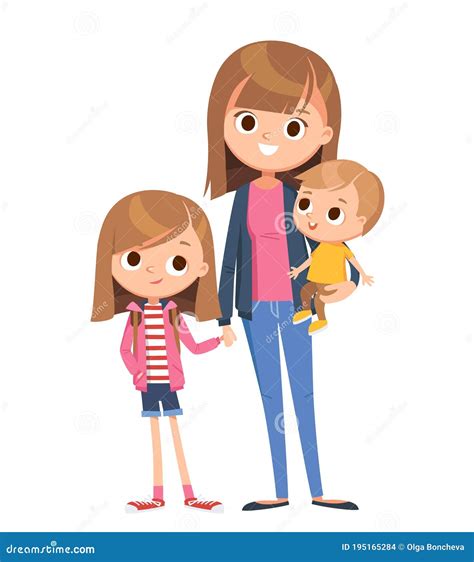 Retrato De Familia Feliz De 3 Miembros Madre Y 2 Hijos Ilustración Del