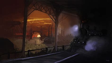 Steam Train In Sunset Steampunk Art Black Gothic Roleplaying Game