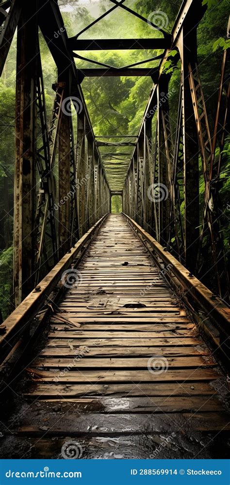 A Stunning Post Apocalyptic Bridge Crossing A Lush Green Forest Stock