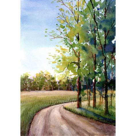 Watercolor Landscape Painting Print Country Road Summer 4 Four