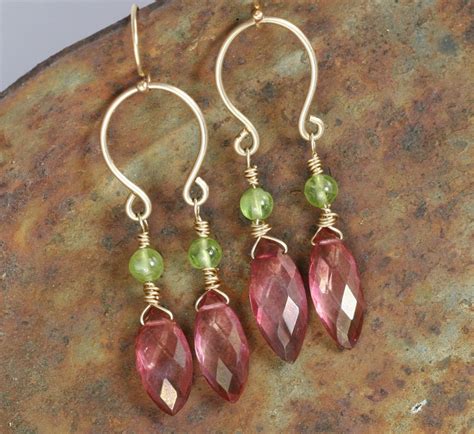 Chandelier Earrings In Pink Quartz And Peridot Gold Dangle Etsy
