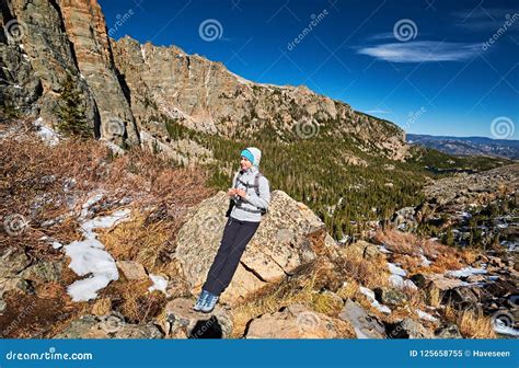 Woman Tourist On A Trail In Rocky Mountains Stock Image Image Of