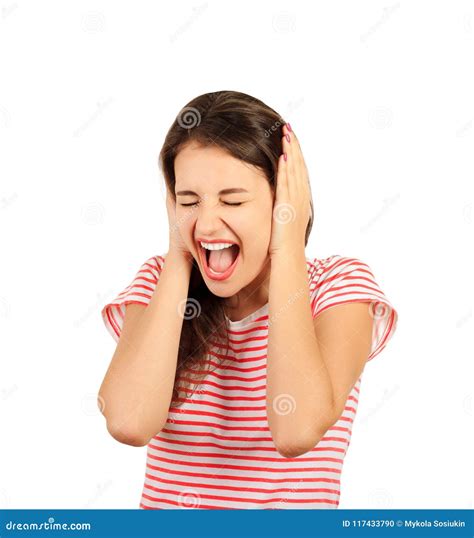 Portrait Of Screaming Female Face Squeeze Her Ears By Hand Emotional