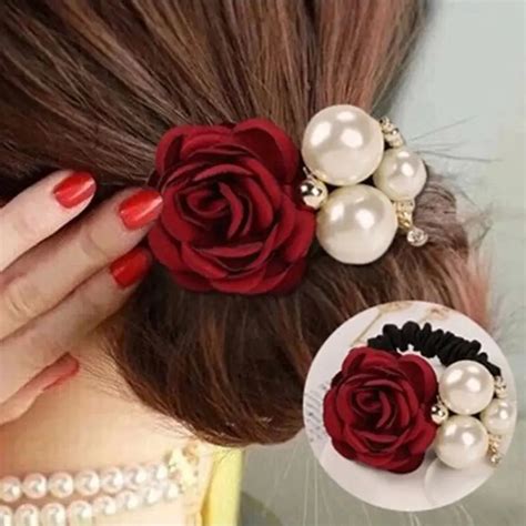 New Fashion Pearl Flower Hair Bands Girls Satin Big Rose Three Pearls
