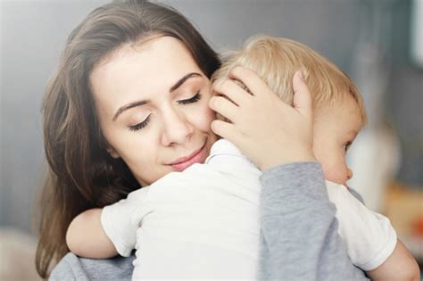 Closeup Mother Hugs Son Feelings Relationship Of Mother And Child Mom