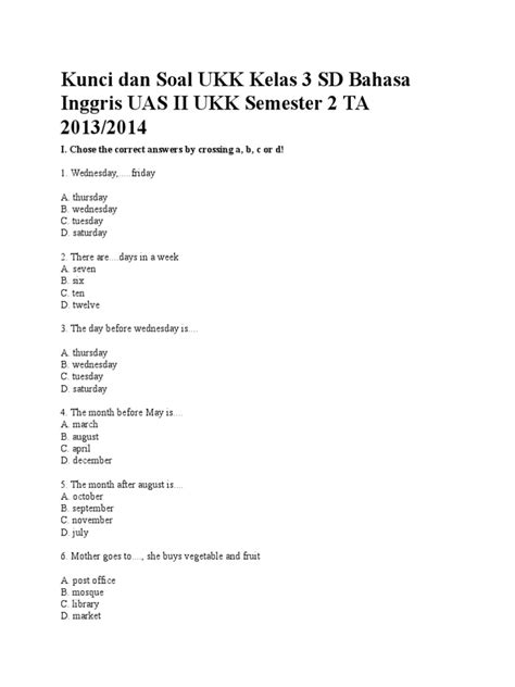 Soal bam kls 6 uts 2 ta 2019/2020 / soal uts pts matematika kelas 6 sd semester 2 terbaru kurikulum 2013 beserta kunci jawaban latihan. Soal Bhs Inggris Kls 3 - Guru Galeri
