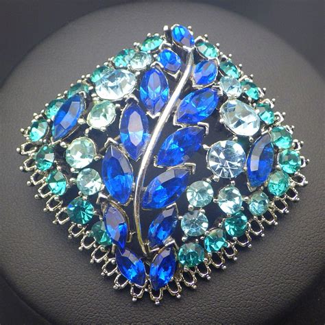 1950s Vintage Rhinestone Shades Of Blue Brooch Domed Cushion Shape