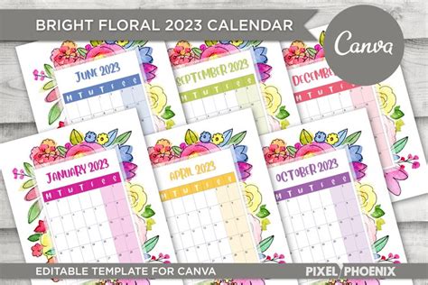 Bright Floral 2023 Calendar Editable Canva Template
