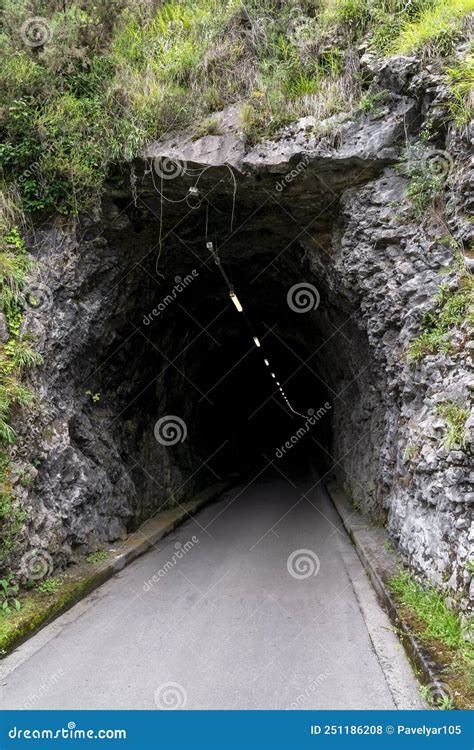 Dark Mountain Tunnel In The Rock With A Road And Lamps Overgrown With