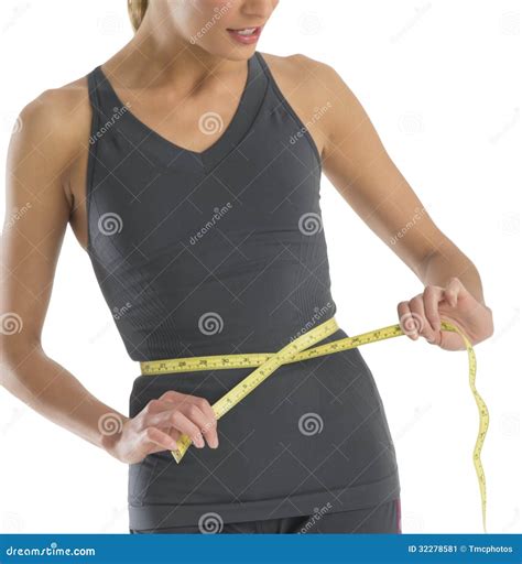 Midsection Young Woman Measuring Her Waistline Stock Image Image Of