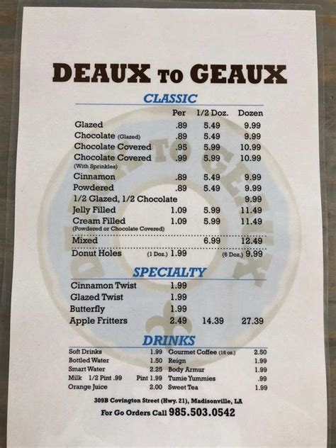 Menu Of Deaux To Geaux In Madisonville La 70447