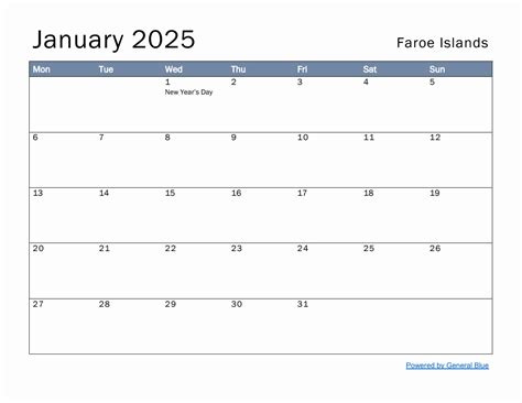 Free Monthly Calendar Template For January 2025 With Faroe Islands Holidays