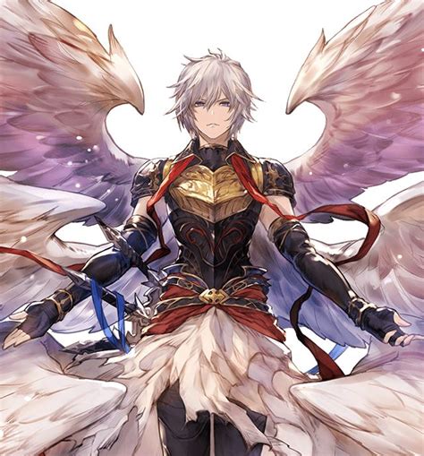 An Anime Character With White Hair And Wings On His Knees Holding Two