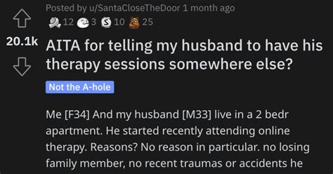 Woman Asks If Shes Wrong For Telling Her Husband To Have His Therapy Sessions Outside Their Home